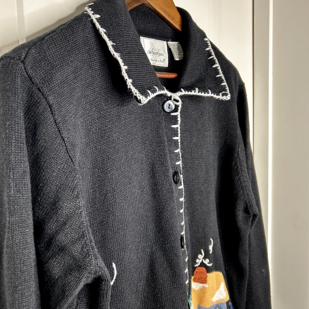 IN‎ STITCHES Christmas Women's Black Embroidered Cardigan Sweater XL